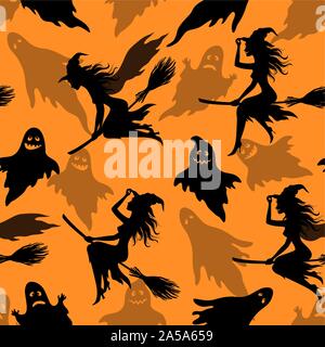 Motif Halloween transparent, caractère sorcière sur un balai et Cartoon Vol fantômes, silhouettes noires, tuile Maison de fond. Vector Illustration de Vecteur