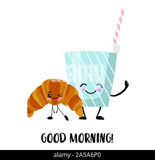 Matin d'accueil. Milk Shake et croissant. Petit-déjeuner savoureux et sain. Caractère de boulangerie. Kawaii verre avec les bras et les jambes.. Illustration de Vecteur