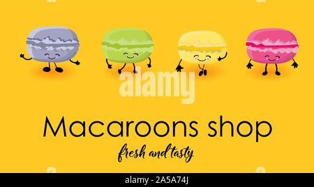 Les macarons.Carte avec cute cartoon caractères. Le Dessert. Un gâteau ou une pâtisserie. Illustration de Vecteur
