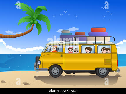 Illustration d'une famille équestre mini bus prêt à locations sur fond nature Banque D'Images