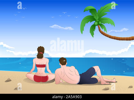 Illustration d'un couple s'asseoir à la plage vacances sur fond nature Banque D'Images