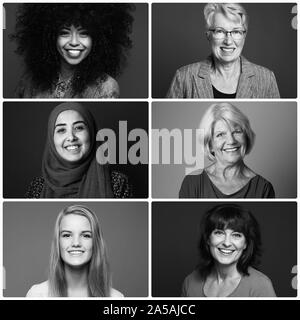 Groupe de six belles femmes ensemble alimentation multiraciale Banque D'Images