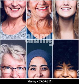 Groupe de six belles femmes ensemble alimentation multiraciale Banque D'Images