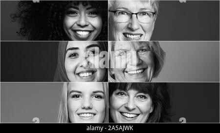 Groupe de six belles femmes ensemble alimentation multiraciale Banque D'Images