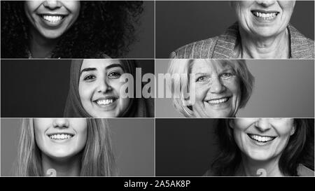 Groupe de six belles femmes ensemble alimentation multiraciale Banque D'Images