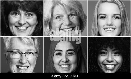 Groupe de six belles femmes ensemble alimentation multiraciale Banque D'Images