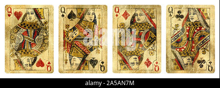 Quatre cartes à jouer Vintage Queens - isolated on white Banque D'Images