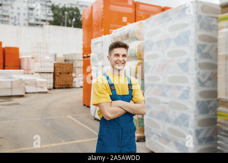 Homme constructeur au palettes de matériaux d'isolation Banque D'Images