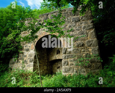 Hall Henblas Limekiln, Graig Réserve Naturelle, Tremeirchion, Denbighshire, Nord du Pays de Galles. La face avant avec suspension de travail voûté. Banque D'Images