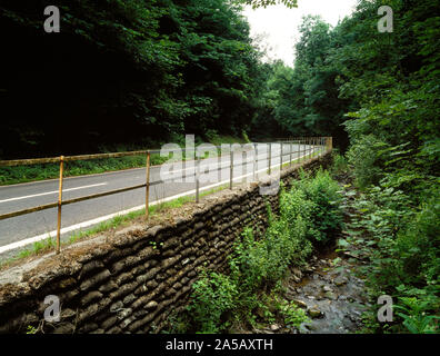 Nant Y Garth laissez-passer et un525 road, Graig Fechan. Ruthin à Wrexham road winding montée par vallée boisée. Revêtement fabriqué à partir de sacs de béton humide Banque D'Images