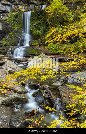 Les chutes d'eau connu sous le nom de la vache apporte sur un cours d'eau calme à Fillmore Glen Stae Park à l'automne en Moravie, New York. Banque D'Images