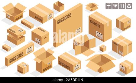 Boîtes marron carton vecteur isométrique Illustration de Vecteur