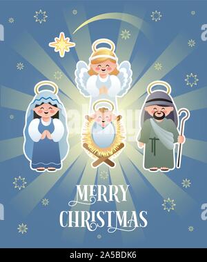 Joyeux Noël. Crèche de Noël avec la Sainte Famille et Angel. Cute cartoon caractères. Vector illustration. Illustration de Vecteur