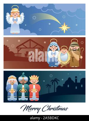 Joyeux Noël. Crèche de Noël avec la Sainte Famille, Angel et des trois sages. Cute cartoon caractères. Vector illustration. Illustration de Vecteur