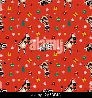 Transparente avec motif de noël cartoon zèbres et cadeaux sur fond rouge. Design lumineux pour fêtes de papier d'emballage. Vector illustration Illustration de Vecteur