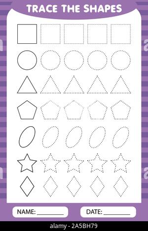 L'apprentissage pour les enfants, les tâches de dessin. leçon simple chiffres. trace les formes géométriques autour du contour - cercle, carré, losange, triangle, ovale, Illustration de Vecteur