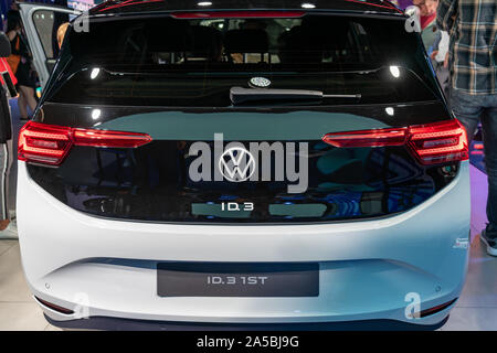 Germany, Frankfurt, September 20, 2019: the new Volkswagen ID 3 1st, front side, at the Frankfurt Motor Show (IAA), Volkswagen first mass electric car Banque D'Images