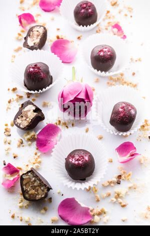 Chocolats artisanaux avec les noix et miel sur fond blanc avec des pétales de rose. Shot verticale Banque D'Images