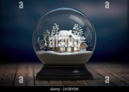 Snow globe de verre et une maison avec des lumières dans les fenêtres de la nuit. 3d illustration Banque D'Images