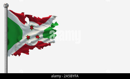 Le Burundi en lambeaux Waving Flag 3D illustration sur mât. Isolé sur fond blanc avec l'espace sur le côté droit. Banque D'Images
