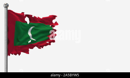 Maldives lambeaux Waving Flag 3D illustration sur mât. Isolé sur fond blanc avec l'espace sur le côté droit. Banque D'Images