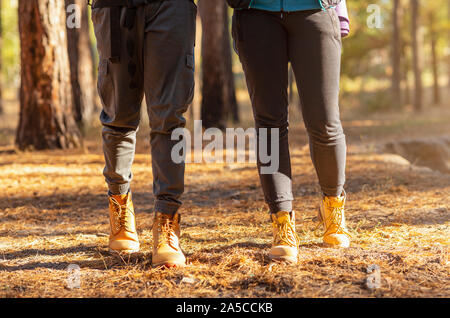 Les jambes de deux randonneurs traversant forêt en automne Banque D'Images