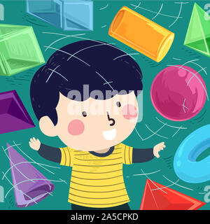 Illustration d'un Enfant Garçon jouant avec des formes en 3D à partir de la sphère, cylindre, cône à Torus Banque D'Images