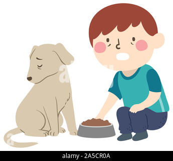 Illustration d'un enfant garçon inquiet pour son chien mourant refuse de manger la nourriture Banque D'Images