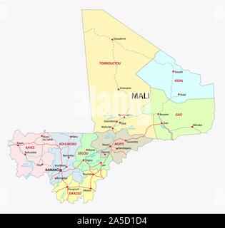 Route et carte administrative de la République du Mali Illustration de Vecteur