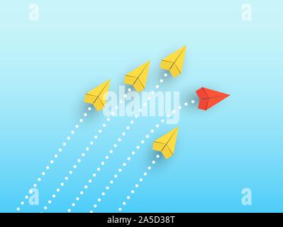 Coin de jaune papier avions volant dans une direction, un papier rouge avion volant dans l'autre sens. Illustration de Vecteur