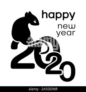 Bonne Année 2020 , carte logo, icône, symbole de l'année d'après le calendrier chinois de l'Est, bannière, vector illustration monochrome. Rat noir Illustration de Vecteur