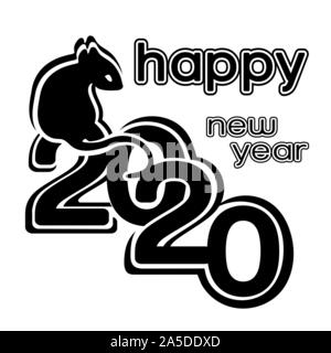 Bonne Année 2020 , carte logo, icône, symbole de l'année d'après le calendrier chinois de l'Est, bannière, vector illustration monochrome. Rat noir Illustration de Vecteur