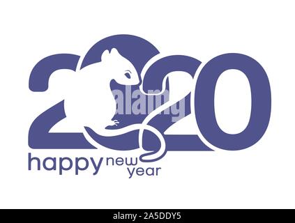 2020 logo, icône, Rat de métal blanc est un symbole de la nouvelle année chinoise 2020, salut holiday card, bannière, vector illustration. Silhouette bleu zodiac Illustration de Vecteur