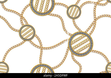 Profil de transparente Motif décoratif antique d'or avec des chaînes d'or sur fond blanc. Conception de répétition prêt pour impression textile. Banque D'Images
