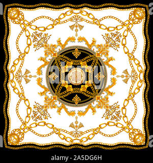 Châle en soie d'impression textile baroque, foulard en soie pour imprimer. Modèle style vintage prêt pour le textile. Fashion Square imprimer. Style Versace. Et noir Banque D'Images