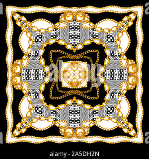 Châle en soie d'impression textile baroque, foulard en soie pour imprimer. Modèle style vintage prêt pour le textile. Fashion Square imprimer. Style Versace. Et noir Banque D'Images