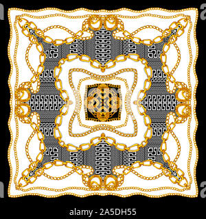 Châle en soie d'impression textile baroque, foulard en soie pour imprimer. Modèle style vintage prêt pour le textile. Fashion Square imprimer. Style Versace. Et noir Banque D'Images