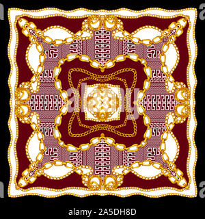 Châle en soie d'impression textile baroque, foulard en soie pour imprimer. Modèle style vintage prêt pour le textile. Fashion Square imprimer. Style Versace. Et noir Banque D'Images