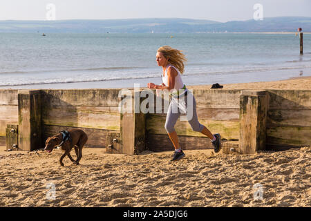 Bournemouth, Dorset, UK. 20 octobre 2019. Les participants prennent part à la plage de la race, de la race la marée, une plage à marée basse le long de la magnifique côte de la plage de Bournemouth vers la plage de Sandbanks. Porteur exécuter le 5k ou 10k race le long du littoral et sur les épis avant la marée monte. Un froid sec tôt le matin avec un peu de soleil. Credit : Carolyn Jenkins/Alamy Live News Banque D'Images