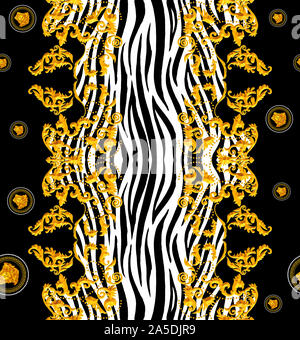 Or transparente Motif Baroque avec Zebra pour le tissu. Répéter la mode Fashion Imprimer. Luxe, moderne, de l'or sur fond noir Versace prêt pour le texte Banque D'Images