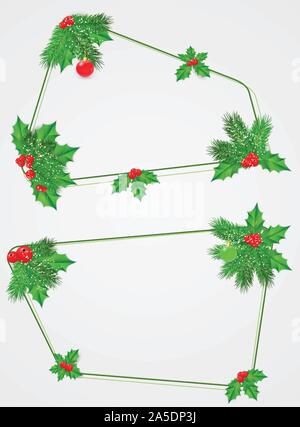 Vector set abstract frames de branches de sapin, de houx, de feuilles et de fruits rouges. Décoration de Noël . Illustration de Vecteur