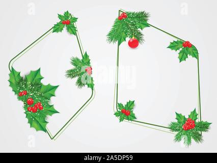 Vector set abstract frames de branches de sapin, de houx, de feuilles et de fruits rouges. Décoration de Noël . Illustration de Vecteur