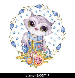 Cute owl aquarelle dans circle flower wreath, style enfantin. Aquarelle peinte à la main dans la ronde des oiseaux cartoon floral frame pour couvrir la carte Banque D'Images