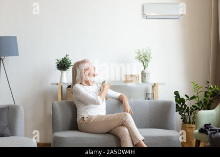 Femme d'âge moyen de l'air conditionné dans la salle de séjour Banque D'Images