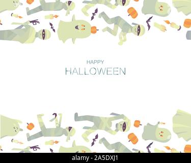 Happy Halloween. Bright Halloween party invitation ou carte de vœux. Modèle de vecteur de fête avec des fantômes, des momies, des bougies, des chauves-souris et les citrouilles isolé Illustration de Vecteur