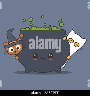 Cute cartoon vector illustration halloween sorcière avec chaudron et funny cats Illustration de Vecteur