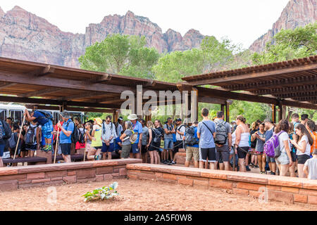 Springdale, USA - 6 août 2019 : Le parc national de Zion dans l'Utah, à l'arrêt de bus navette centre de visiteurs en été avec foule d'un grand nombre de personnes attendent en ligne qu Banque D'Images