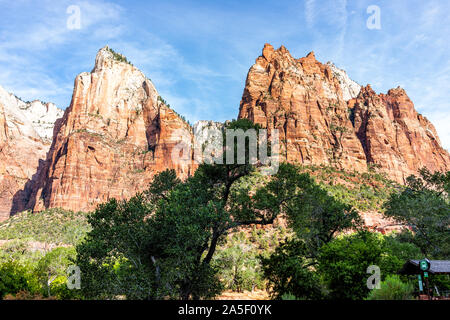 Springdale, USA - 6 août 2019 : Zion National Park voir les falaises à l'arrêt de bus navette 4 en été avec des gens qui attendent d'embarquer dans l'Utah Banque D'Images