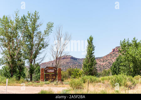 Kanab, USA - 8 août 2019 : Inscription pour l'entrée de ville, près de Lake Powell, Bryce et Zion National Park en Utah Banque D'Images