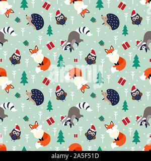 Modèle sans couture d'hiver avec cute cartoon animaux de la forêt. Personnages de Noël de Nice avec des présents et les sapins. Télévision vector illustration. Illustration de Vecteur